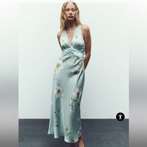 NWT Zara Satin Effect Light Blue Floral Midi Cross Back Dress
